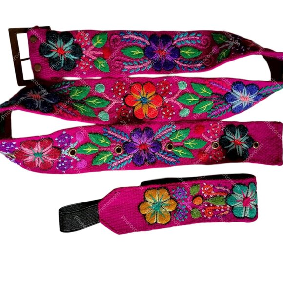 Andean Headband Belt Set, Wool Fabric, Multicolored Flowers